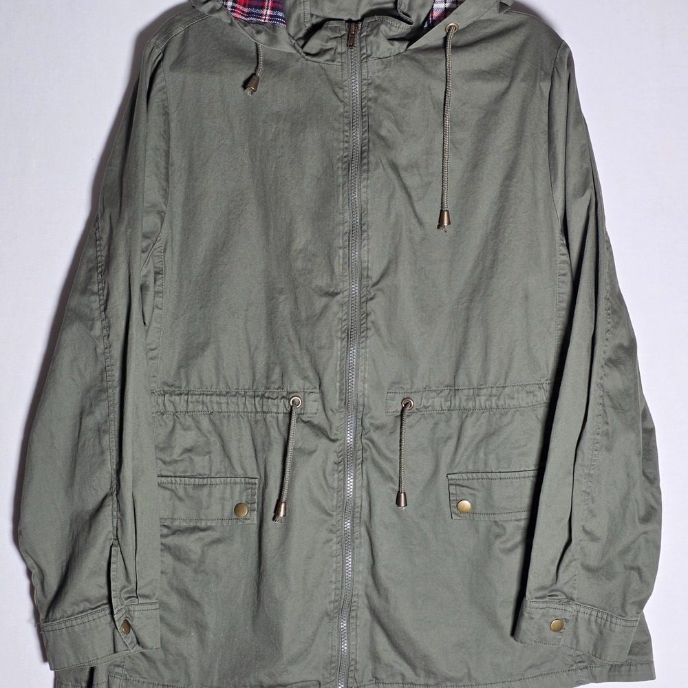 Ci Sono Hooded Utility Anorak Parka Jacket Olive Green Plaid Lined 3XL